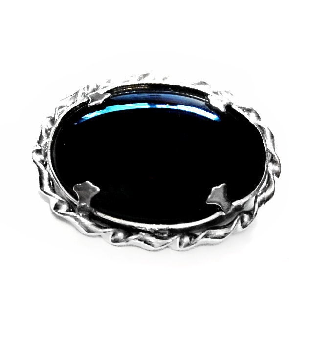 French Jet Glass Brooch, Silver Pin