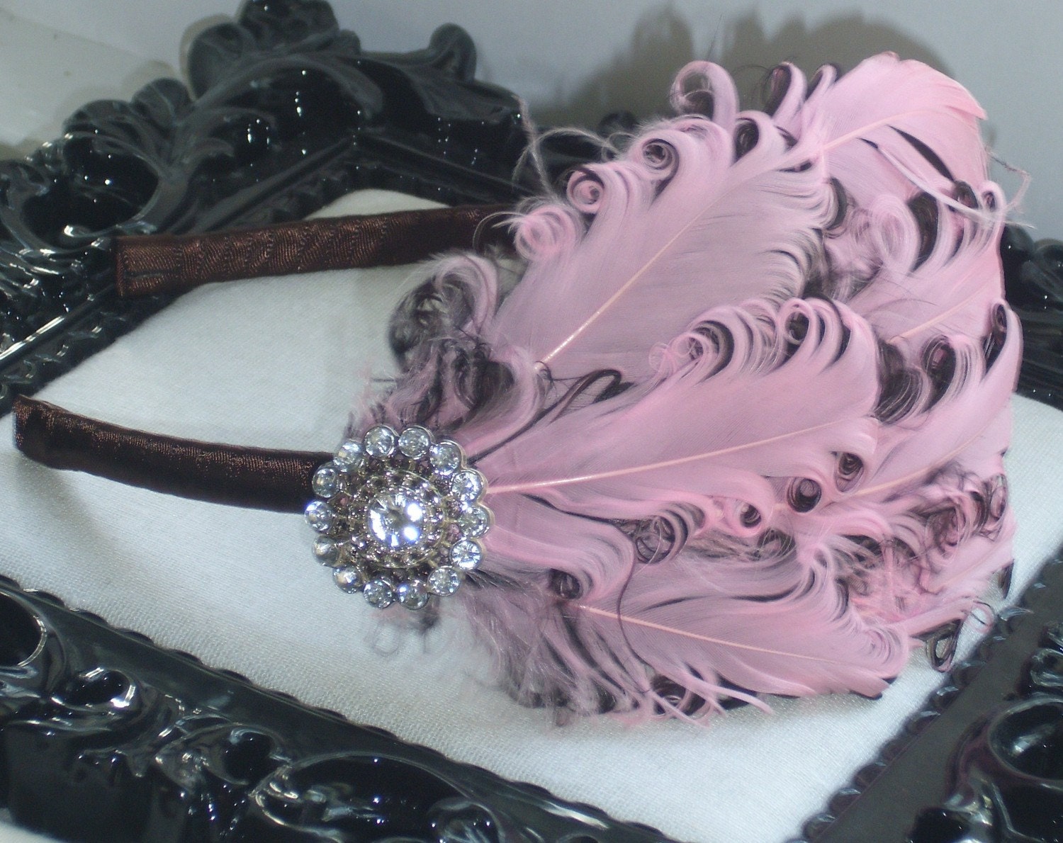 Womens-Pink And Brown Feather Headband-Nagorie-Curled Feather-Feather Fascinator-Womens Feather Headband-Flapper Headbands