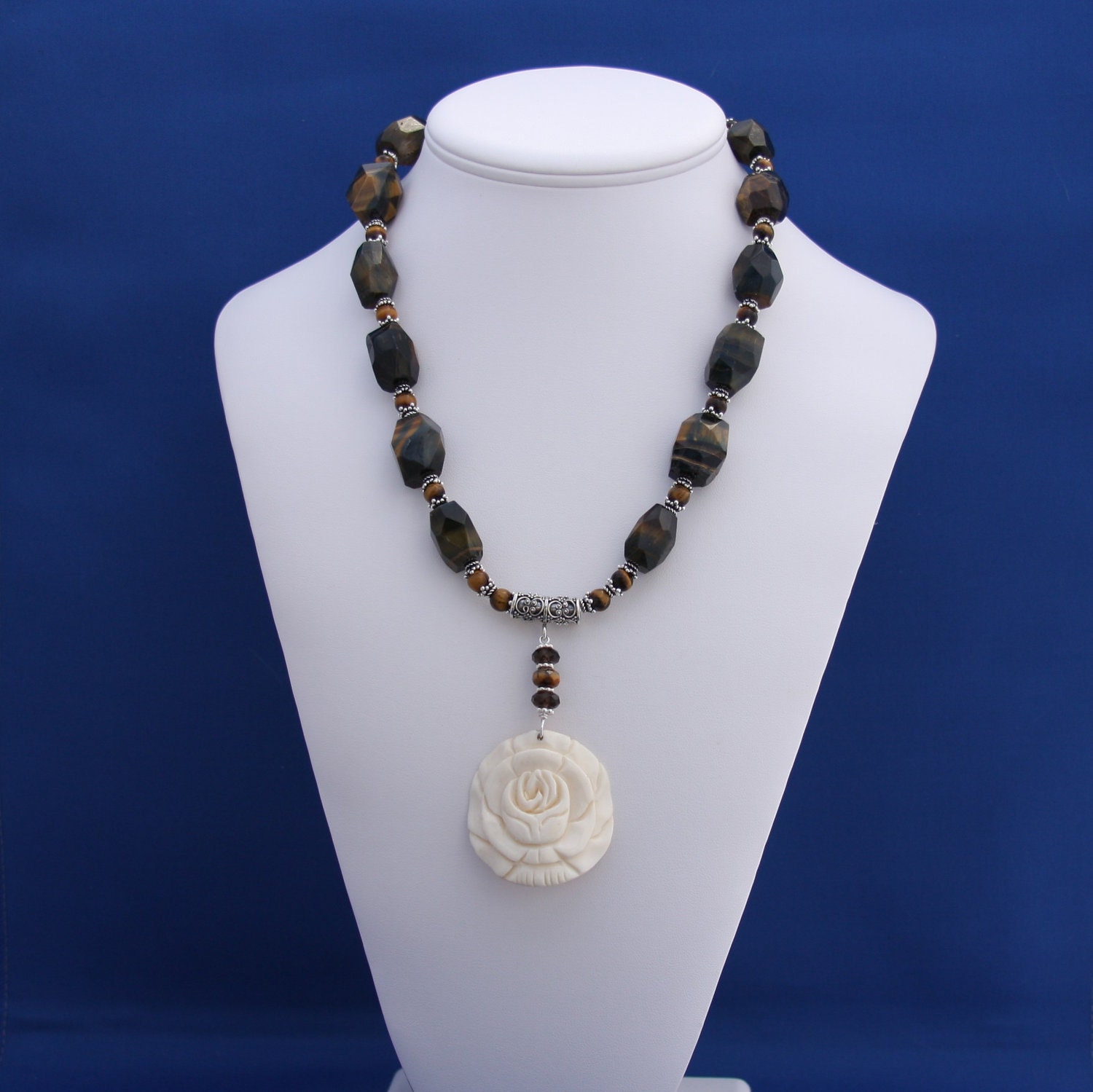 Cameo Pendant and Tiger Eye Necklace Bold Statement-Kiss From A Rose