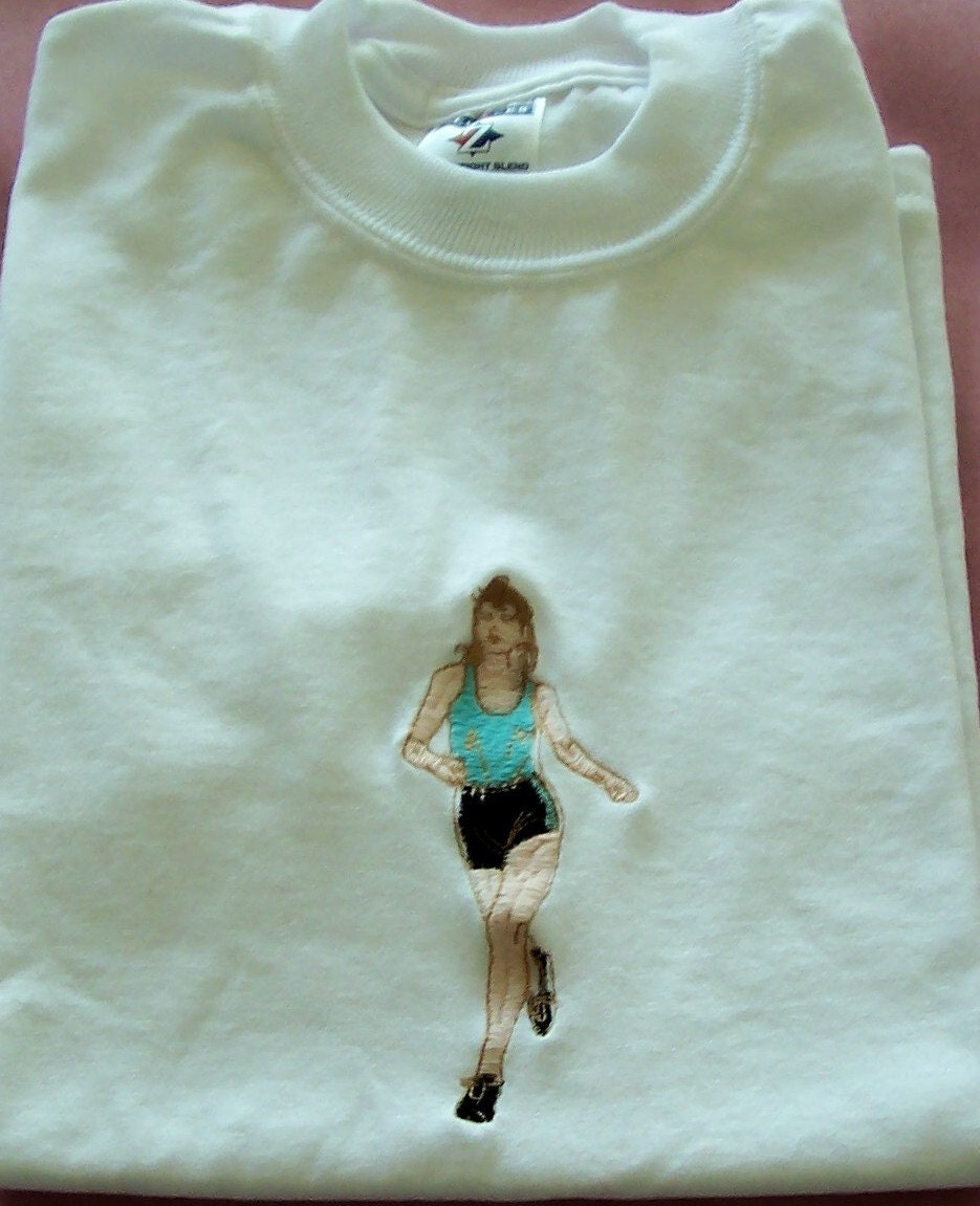 Embroidered  Girl Track Runner on white cotton tee shirt
