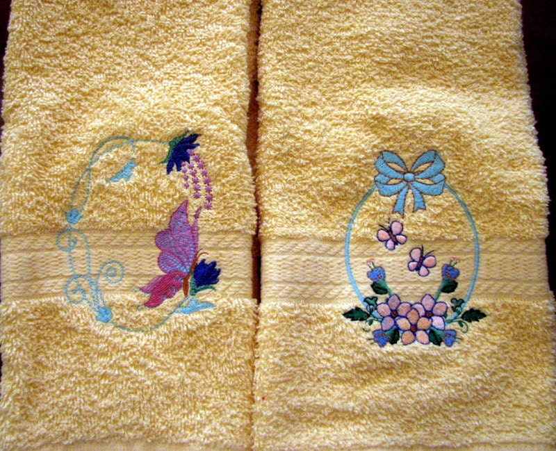 Embroidered butterfly and flower yellow bath hand towels