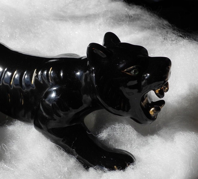 Vintage Black Panther With Green Rhinestone Eyes