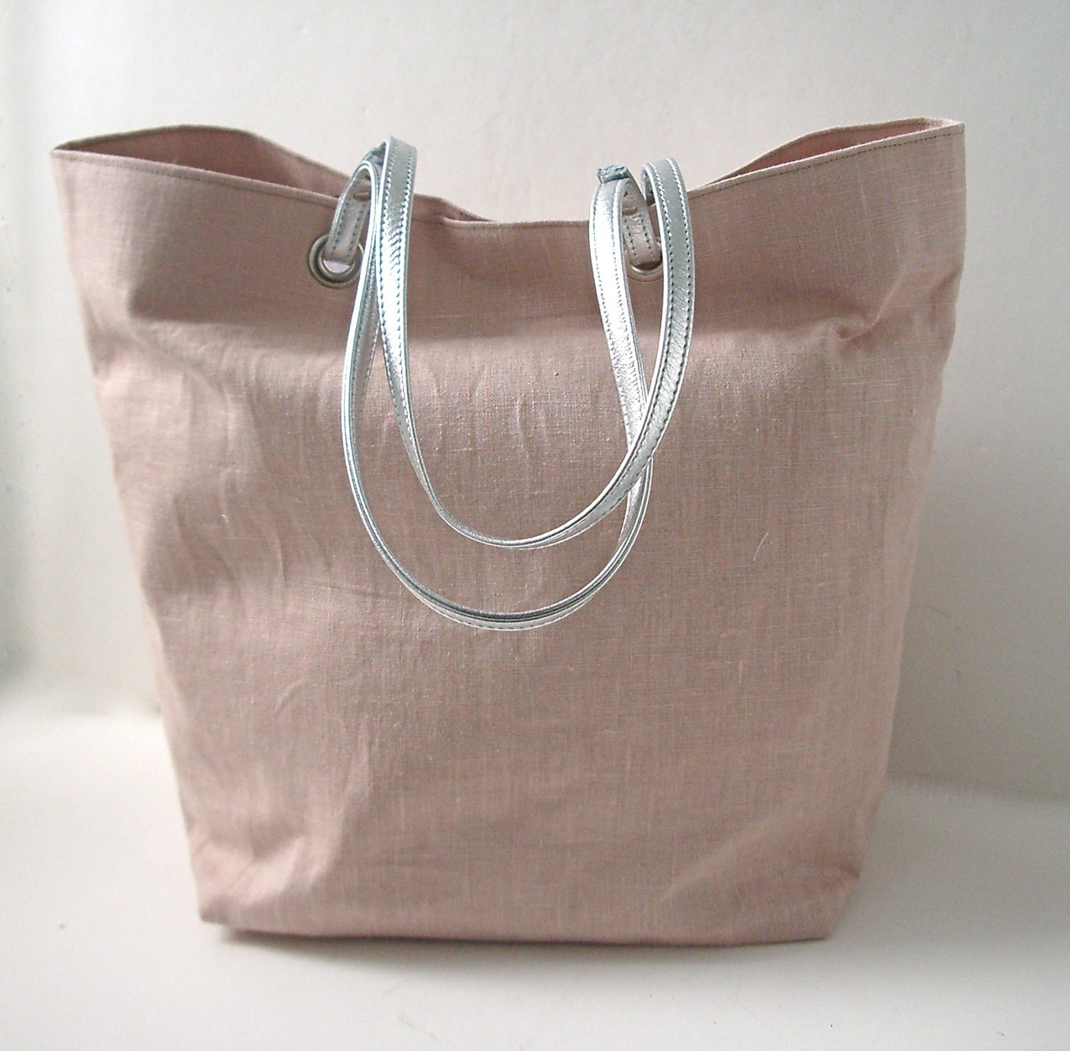 Tote Bag, Beach Bag - Blush Linen with Metallic Silver Leather Handles