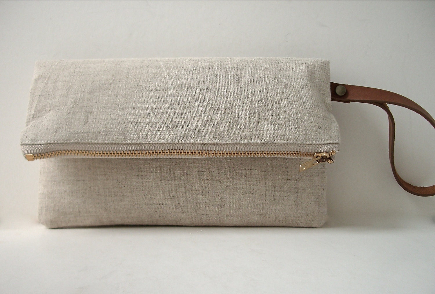 Wristlet, Linen Clutch Purse - Natural Linen, Leather Wrist Strap (Brass Zipper)