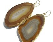 Agate Geode Slice Brown Earrings with Gold Dipped Edge-610g