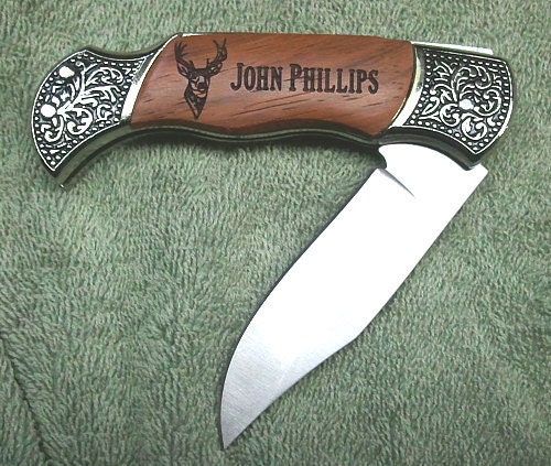 Laser Engraved Rosewood DecoGrip Hunting/Pocket Knife With Deer Head Graphic - Engraved on both sides