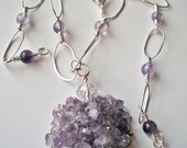 Amethyst Crystal Cluster Necklace  With  Large Hammered Bead Links - Anniversary - Birthday - Gemstone