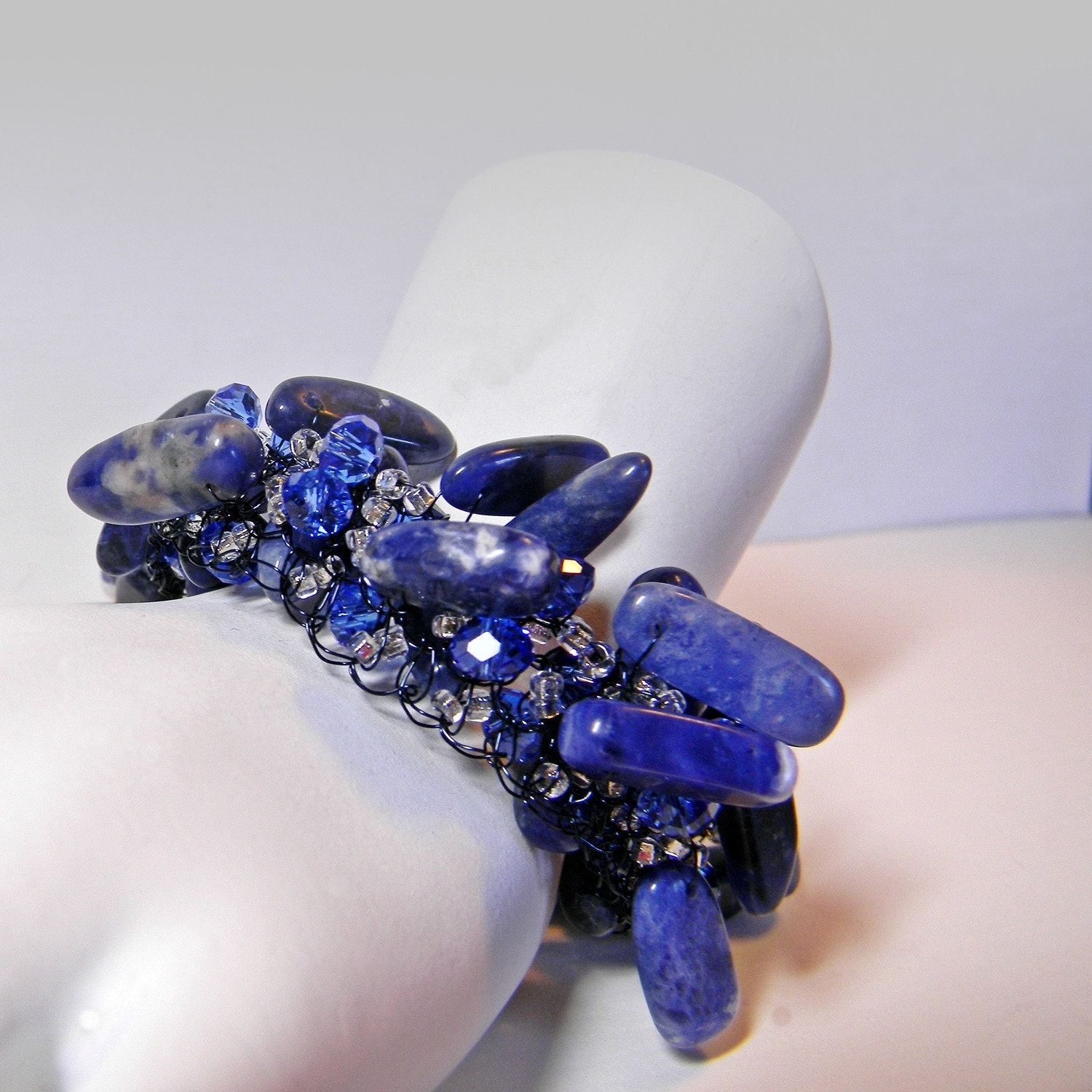 Wire Crochet Sodalite Bracelet Hand Made - Beaded - Deep Blue - Black - Trendy - Clubbing - Gemstone - Medium - Large