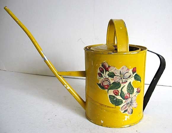 1950 Vintage Plant Metal Watering Can in Old Worn Chrome Yellow and Black Paint