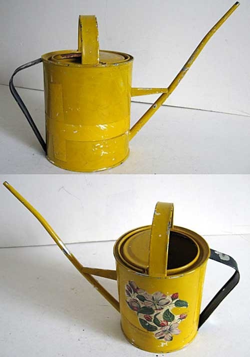 1950 Vintage Plant Metal Watering Can in Old Worn Chrome Yellow and Black Paint