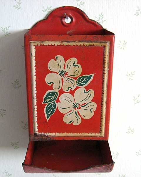 1940's Vintage Tin Kitchen Match Holder in Bright Red with White and Green Flower Front for Your Wall Decor