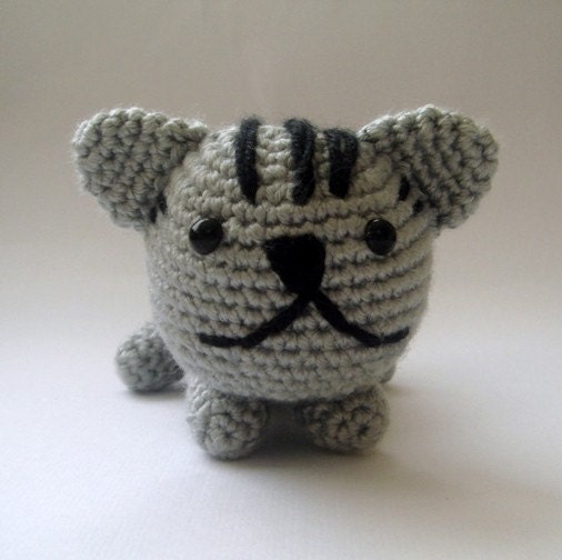 Grey Plush crochet Cat Christmas Hostess Gift. Stocking Stuffer