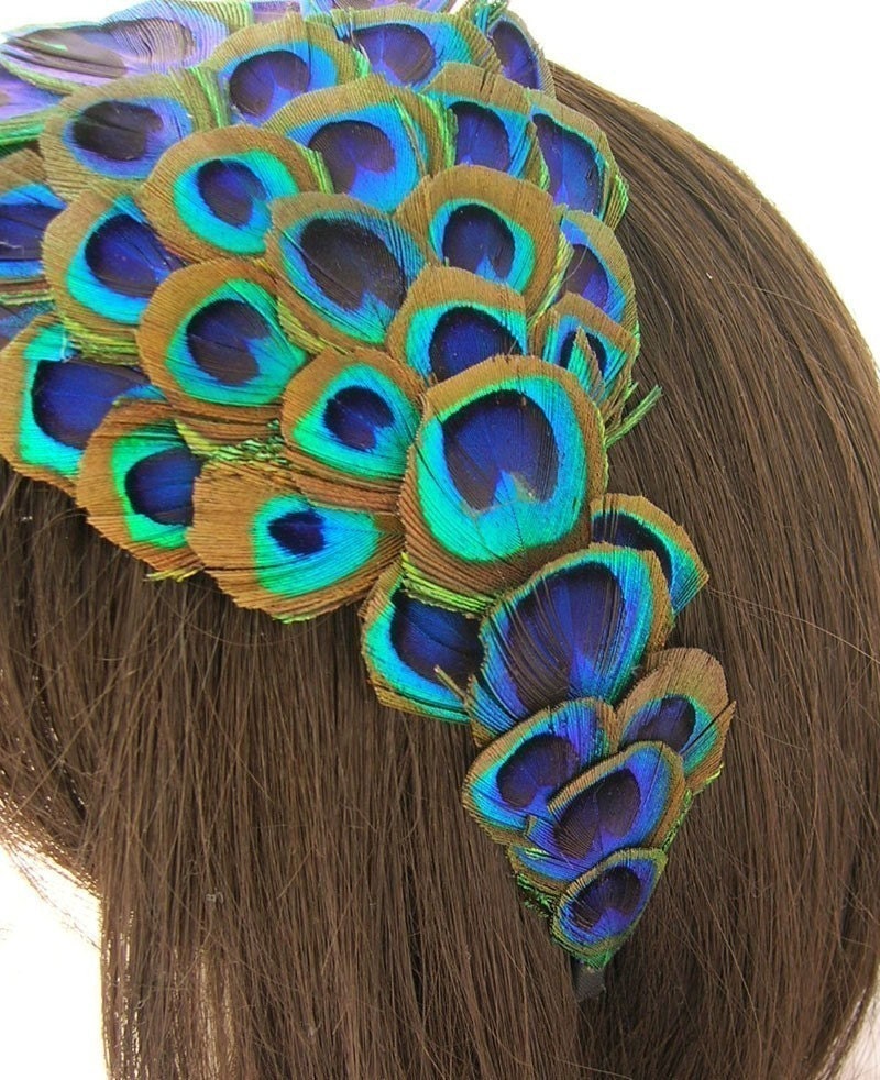Peacock feather fascinator (Wholesale 3 Piece Lot) REGINA design Bonnet style of over 60 peacock feather eyes from ear to ear