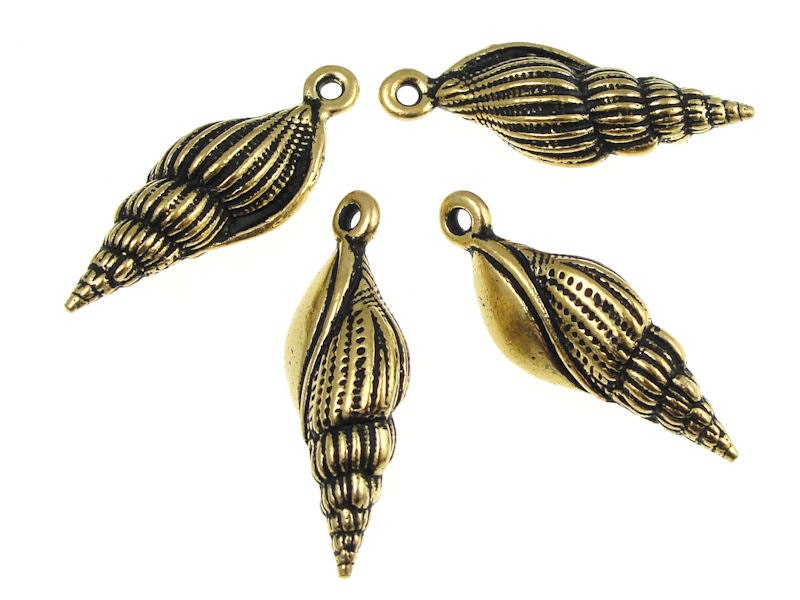 4 Seashell Charms Antique Gold Spindle Shell Pendants TierraCast Sea Shell Charms (P517)