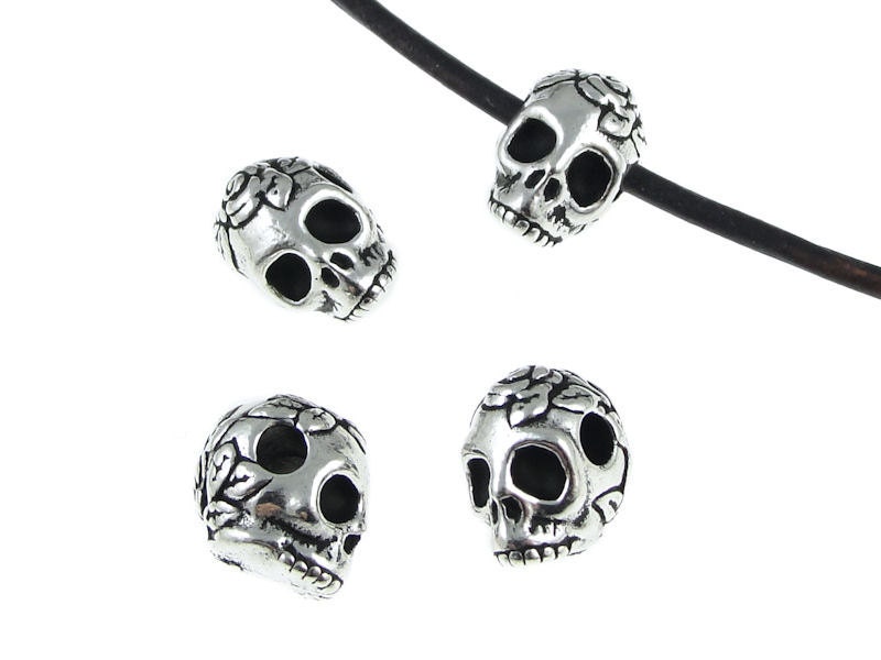 20 Sugar Skull Beads Large Hole Beads Antique Silver Rose Skull Beads TierraCast Day of the Dead Dia de los Muertos Leather Findings (PS202)