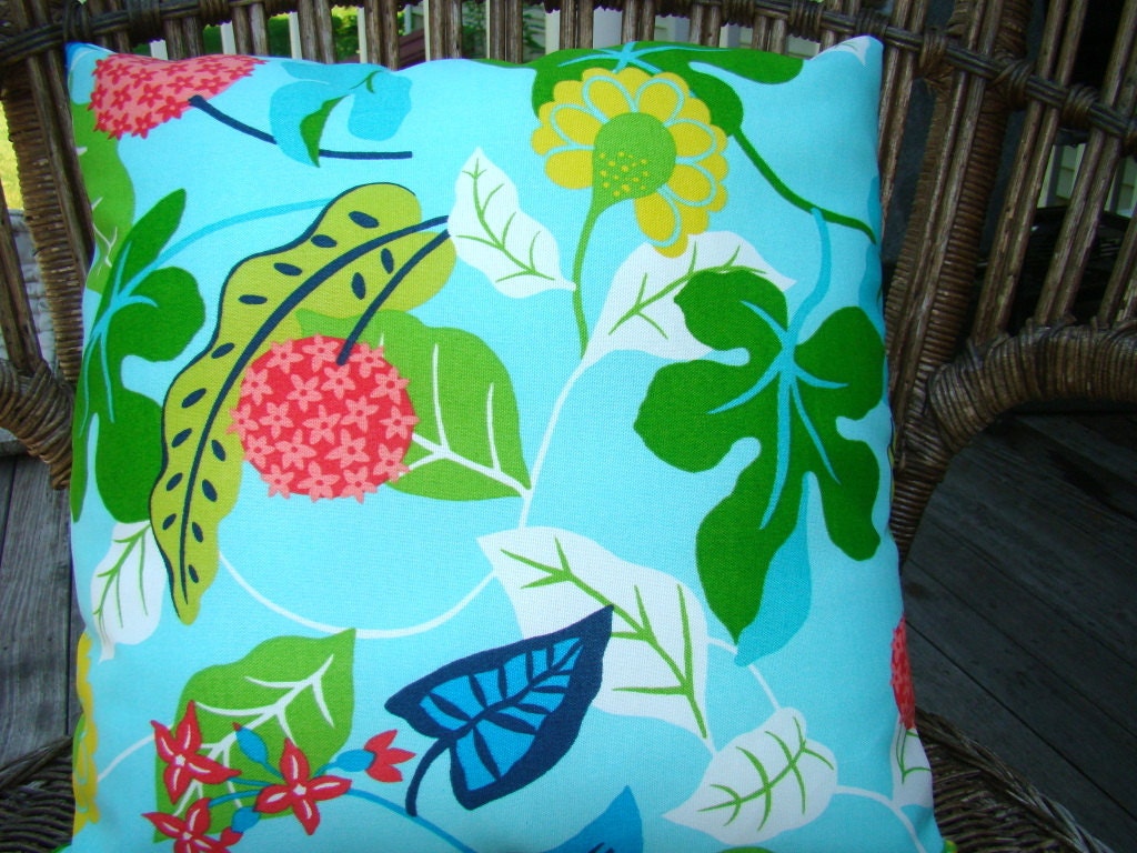 Turquoise blue indoor outdoor pillow modern floral
