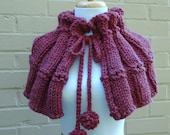 Womens Chunky Knit Caplet Shawl Cape In Purple With Pom Pom Tie Closure OOAK