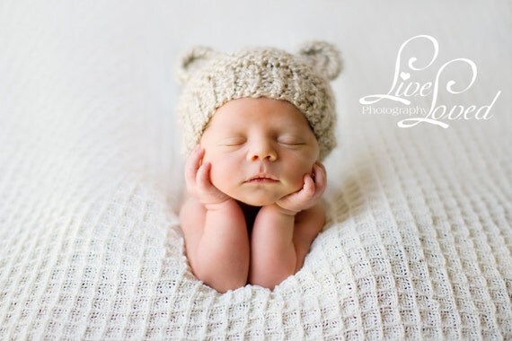Baby Boy Bear Hat Knit To Match Cocoon In Neutral Cream Photo Prop