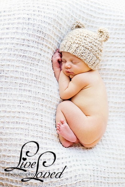 Baby Boy Bear Hat Knit To Match Cocoon In Neutral Cream Photo Prop