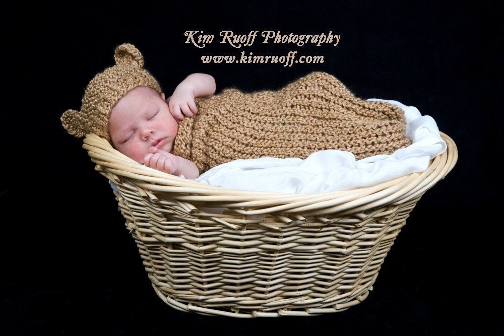 Baby Girl Hat or Baby Boy Hat Hand Knit Bear Hat To Match Cocoon Photo Prop