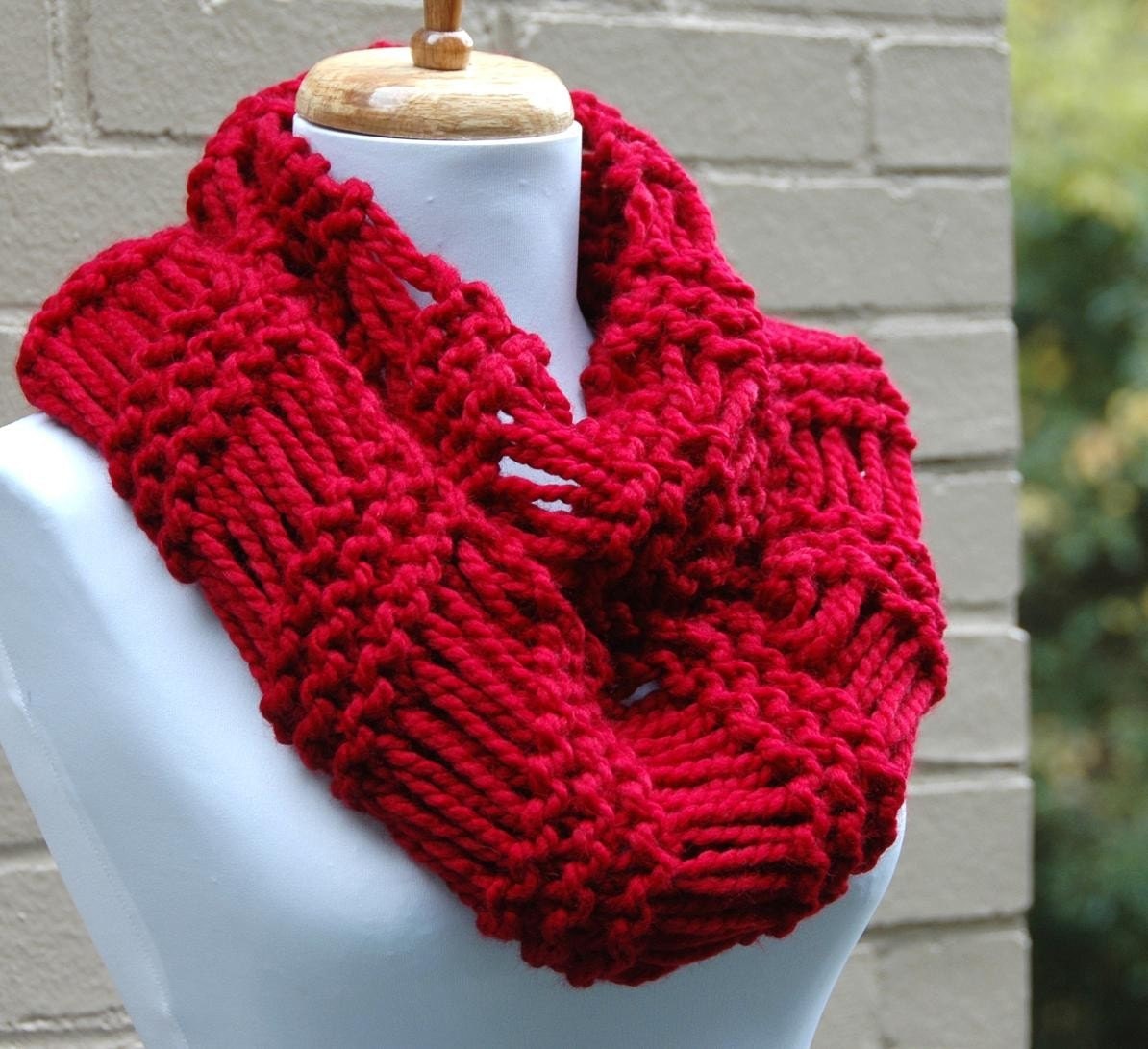 Chunky Knit Infinity Scarf Cowl Hood in Cranberry Red or YOU Choose Color Original Design