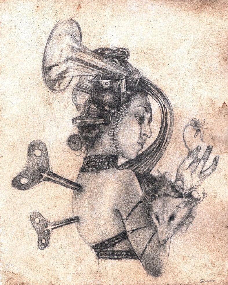Graphophone Woman Sketch  print