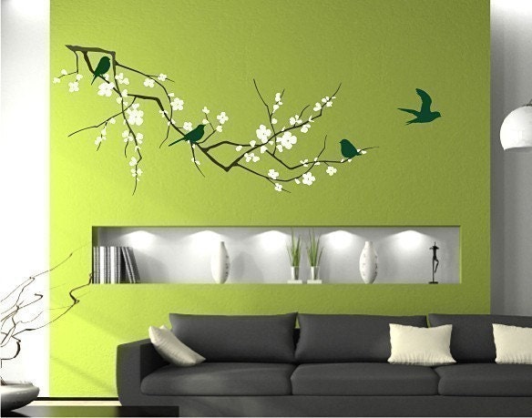 Cherry Blossom Wall Decals Branch with Birds (3 Colors) - Vinyl Tree Wall Art
