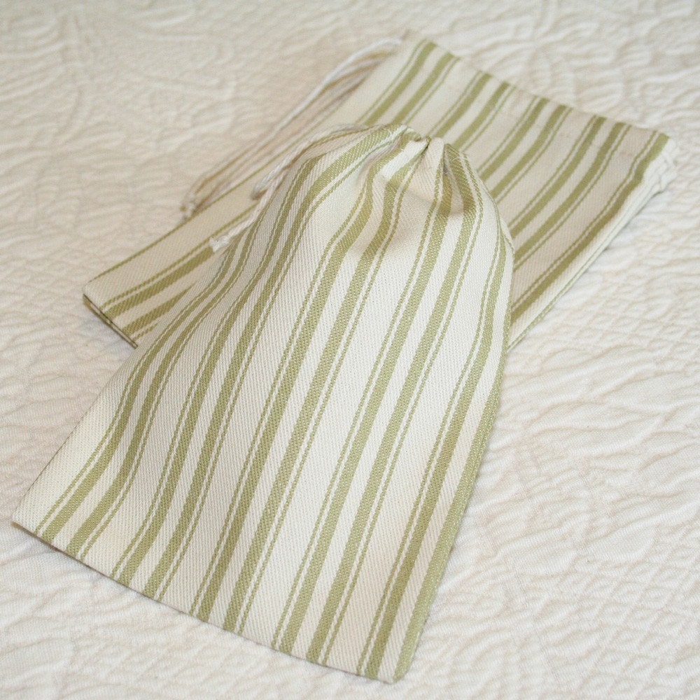 Green Tea Ticking Stripe, Drawstring Bags, Pouches, set of 9, 4.5 x 6.5 inches