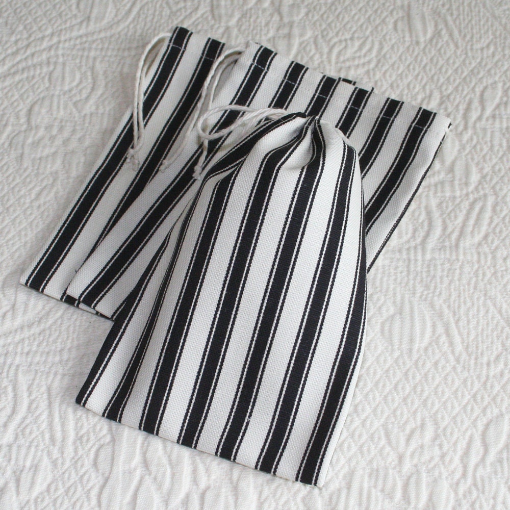 Black Ticking Stripe, Drawstring Bag, Pouches, set of 3, 4.5 x 6.5 inches