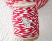 10 ply Bakers Twine, Red / White Bakers Twine Cording, 20 Yards on Wood Spool, Valentine Red