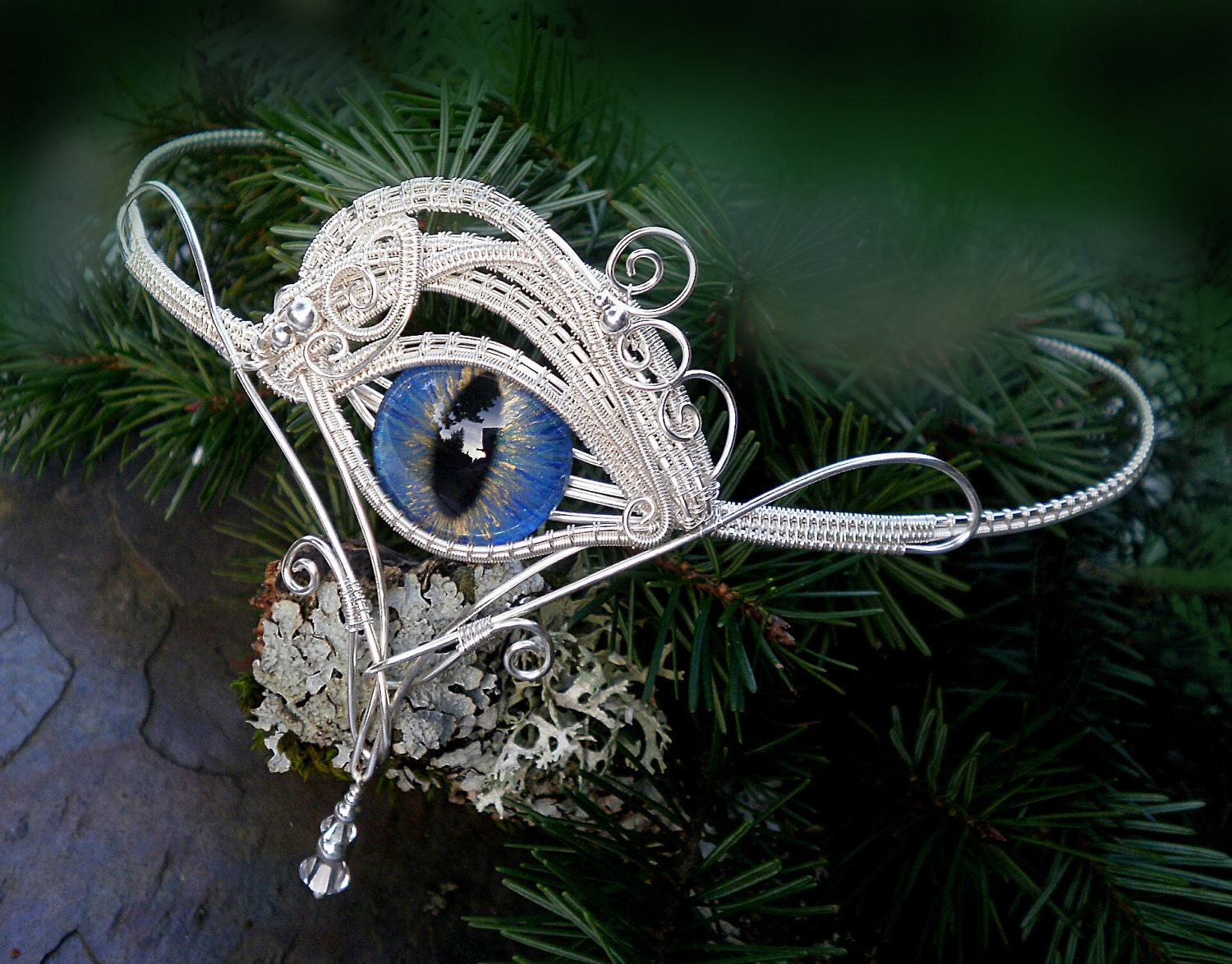 Gothic Steampunk Silver Crown Headpiece With Blue Eye