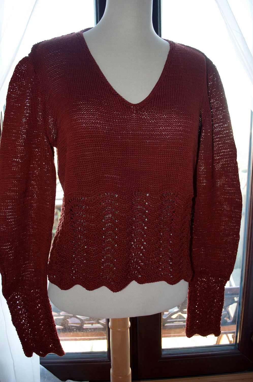 Handknitted Cotton Jumper in Rust with Lace Edging