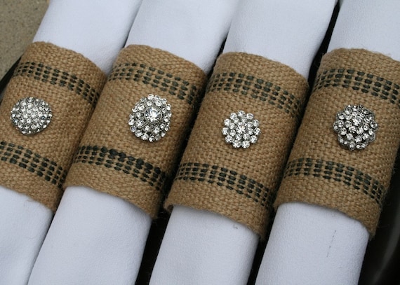 Napkin Rings / Burlap Jute, Rhinestones, Set of 4