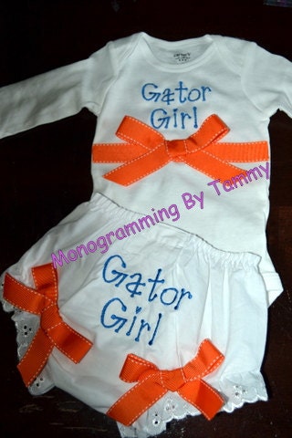 Personalized Embroidered Monogrammed Gator Onesie Toddler Shirt and Diaper Cover Fancy Pants Bloomers Set with Ribbon Bows
