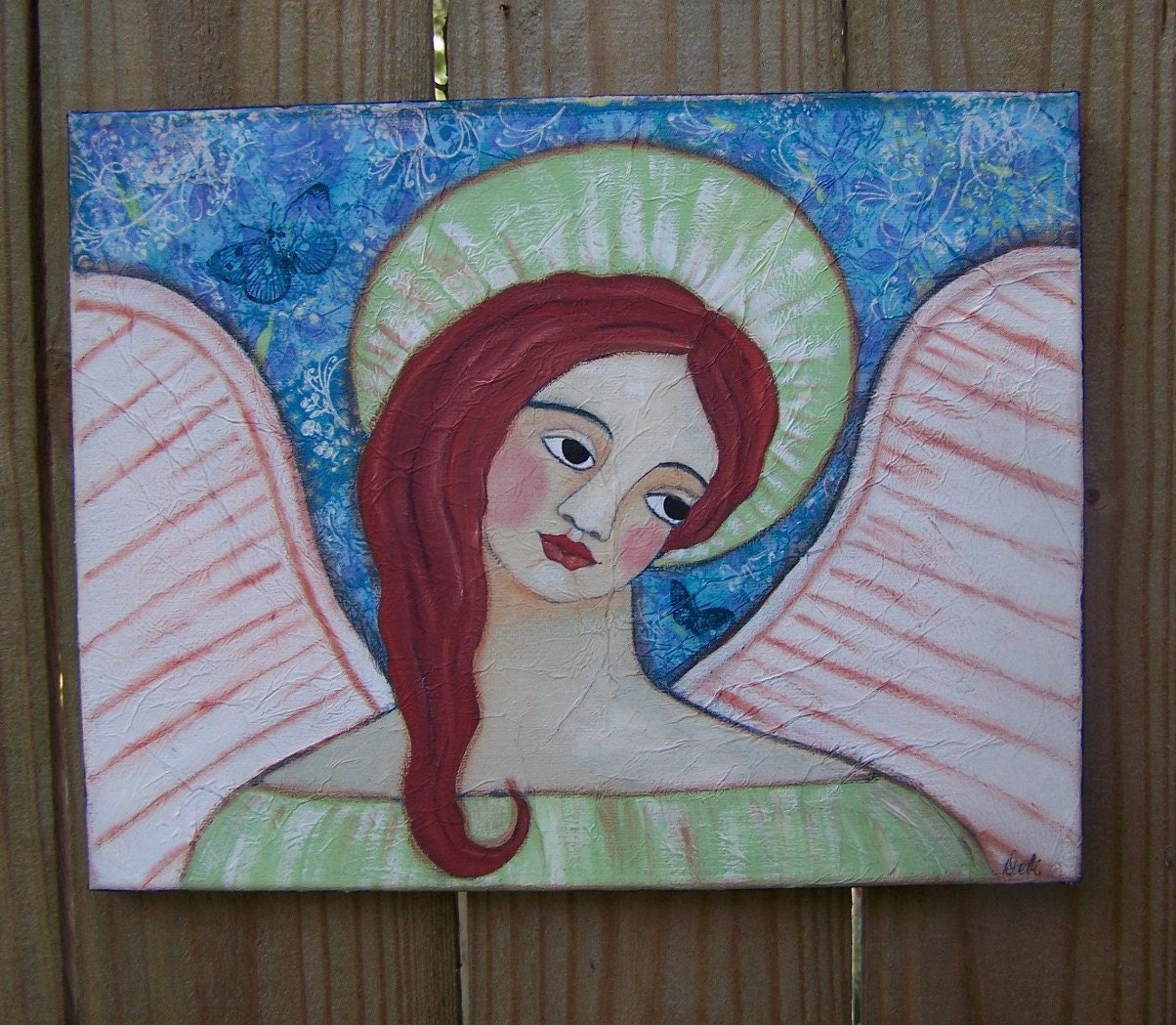 Folk Art Angel Painting Great Texture  FREE SHIPPING