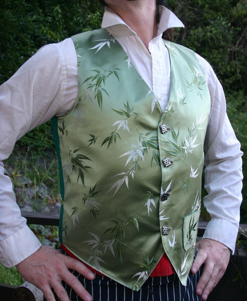 Sage Bamboo Silk Brocade Gentlemen's Vest, Shirt and Ascot Ensemble