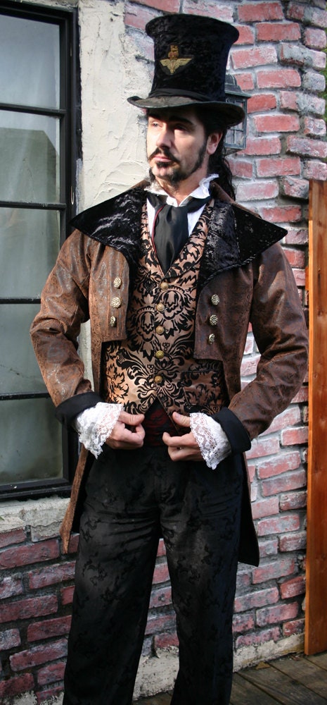 Brown and Black Tooled Faux Leather Steampunk Frock Cutaway Coat
