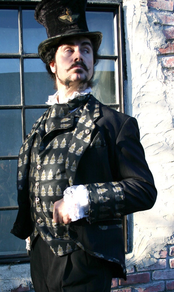 Up-cycled Navy Blue Pinstripe Smoking Jacket Appliqued with Black Oncoming Train Silk Brocade