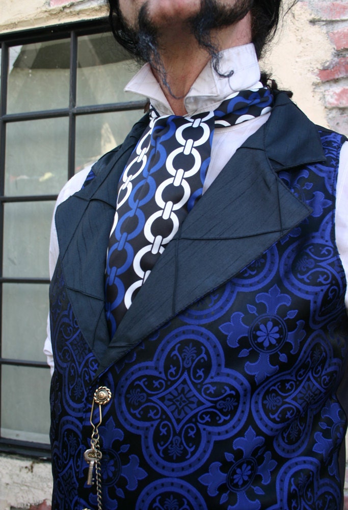 Black, White and Royal Blue Silk Chain Steampunk Ascot