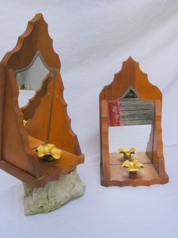 Vintage Primitive Rustic Mirrored Wooden Candle Sconces