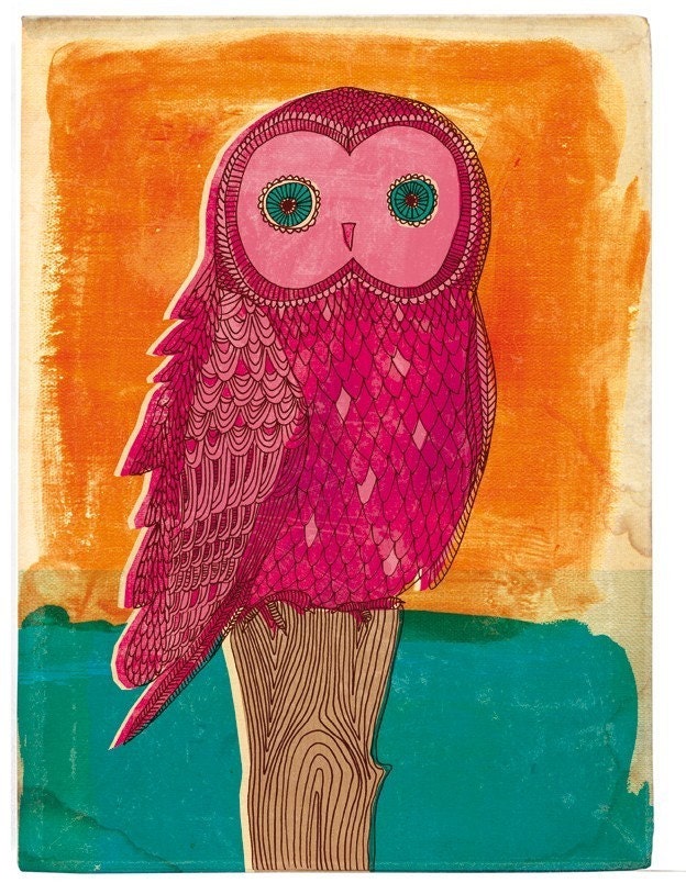 Bright owl in pink - A5 fine art print - a Sweet William illustration on archival paper.