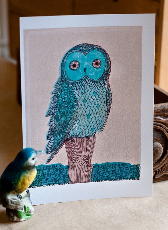 owl in blue monotone - fine art print - a Sweet William illustration on archival paper.