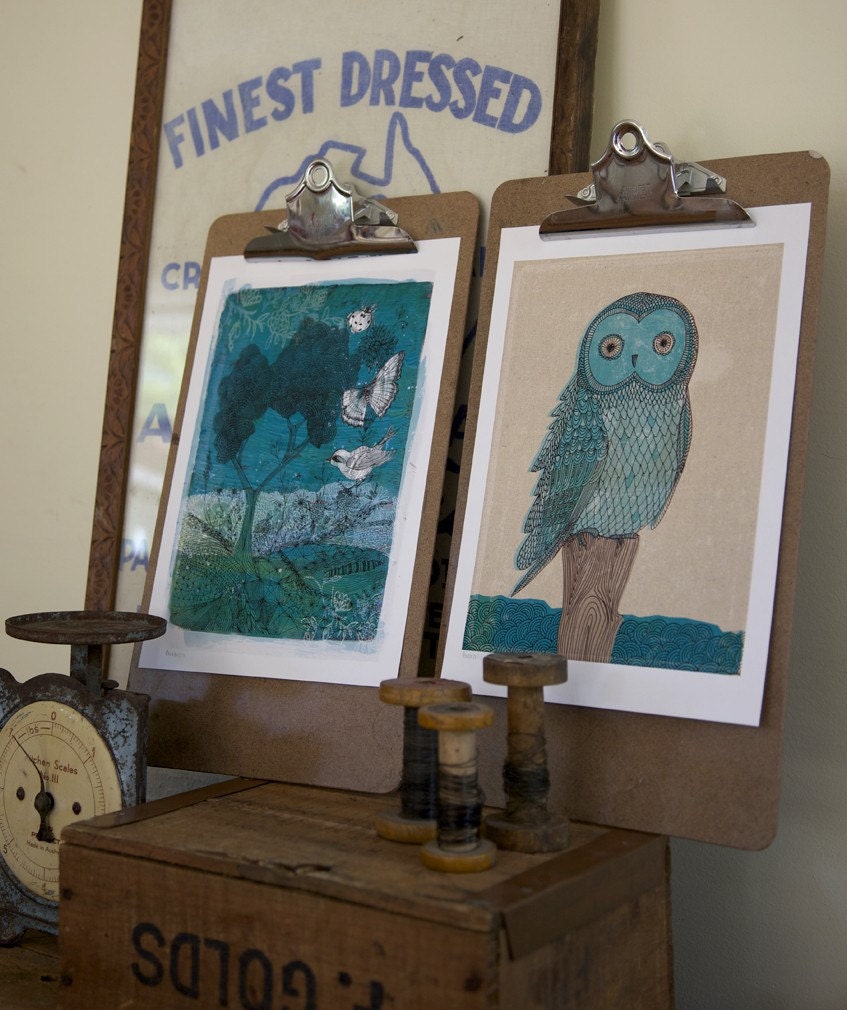 owl in blue monotone - fine art print - a Sweet William illustration on archival paper.