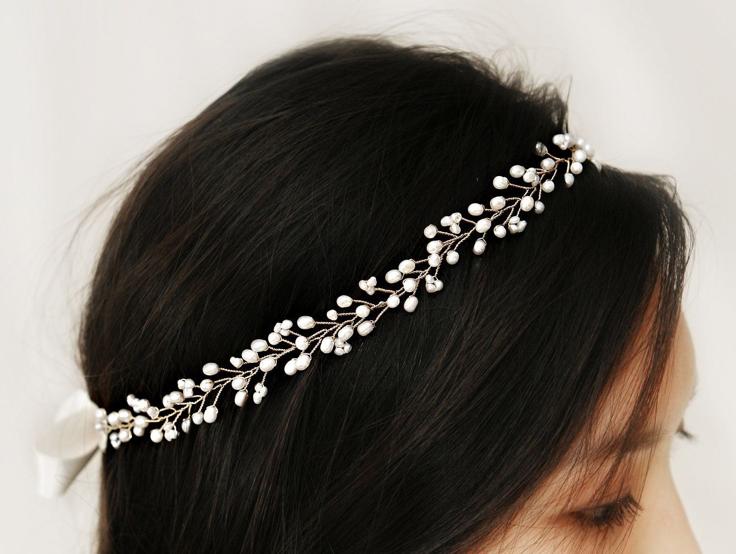 Bridal Freshwater Pearl Hair Vine, Halo Headpiece, Crown Accessory