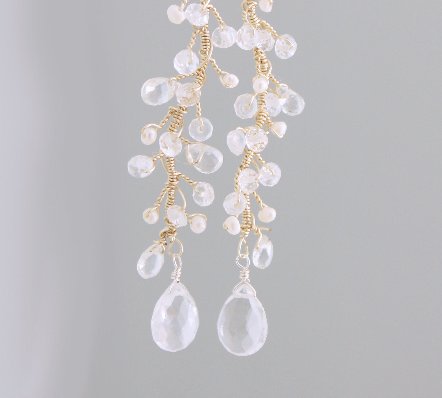 Freshwater Pearl and Crystal Delicate Bridal Earrings by Virginia Geiger Jewels