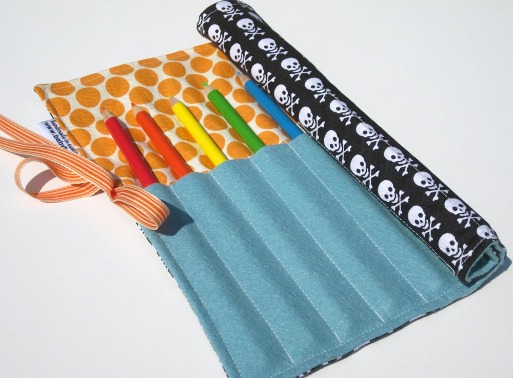 Skulls and Orange Dots Pencil Roll