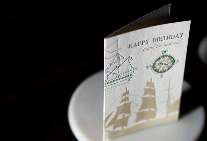 Happy Birthday Letterpress Greeting Card - Happy Birthday. Bamboo paper, patterned envelope, ships. C4-911T