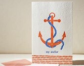 Anchor Love Letterpress Greeting Card - Bamboo paper, patterned envelope, anchor. C4-C24T