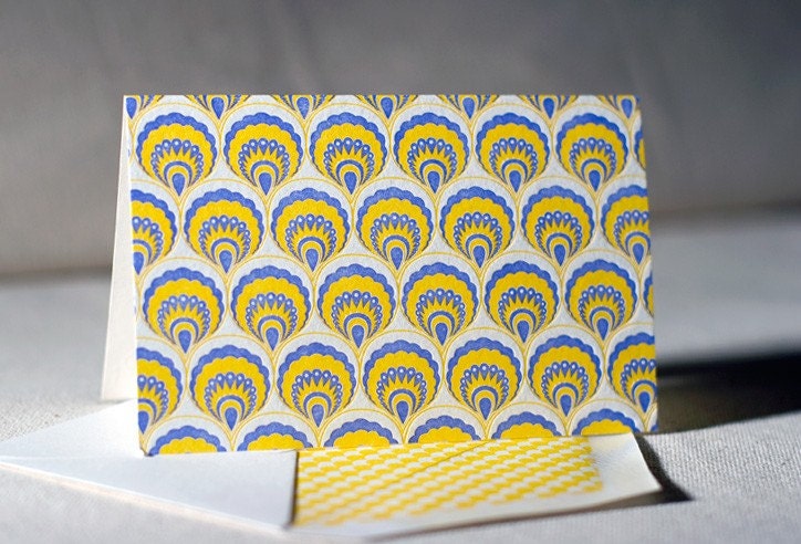 Letterpress Note Cards - Hive. Bamboo paper, patterned envelopes, set of 6 cards. 4-E1U