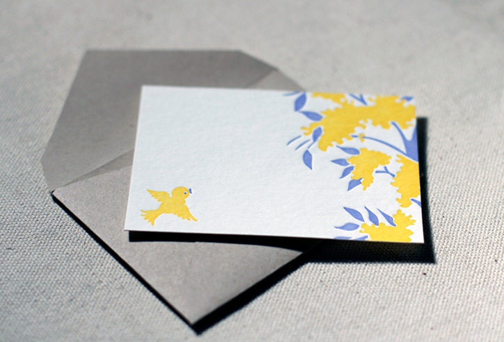 Letterpress Gift Tags - Birdie. Bamboo paper, kraft envelopes , set of 6 cards. 3-E8G